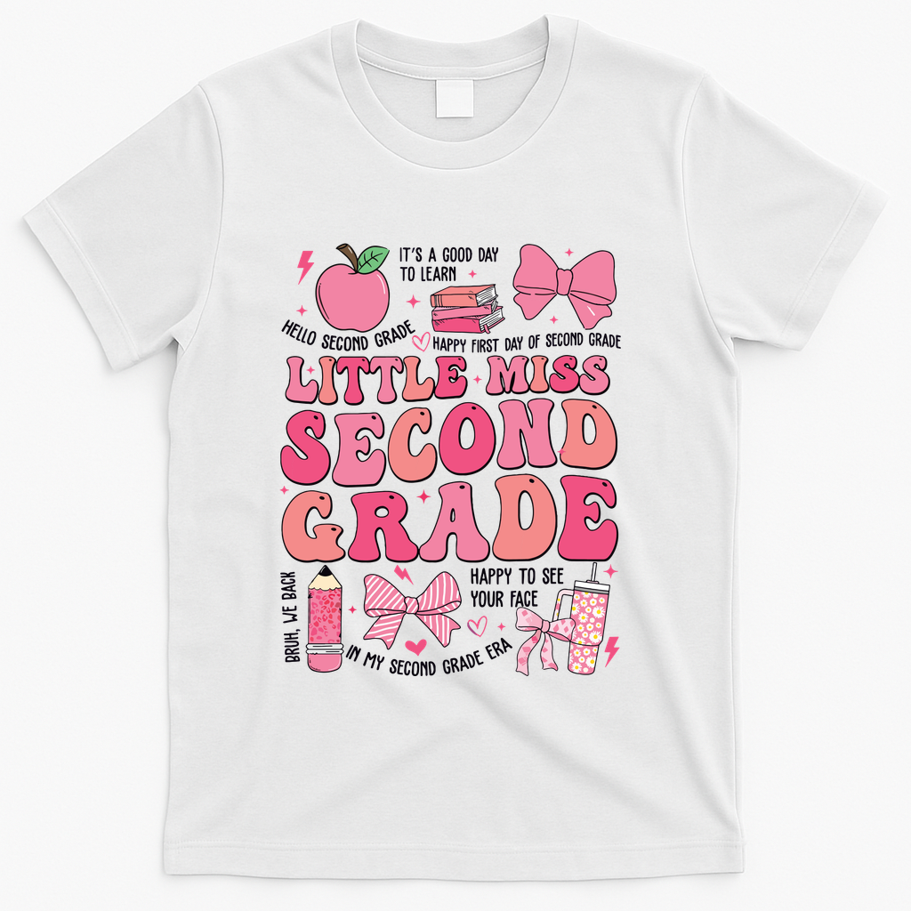 Little Miss 2nd Grade Girl Coquette Bow Back To School T-Shirt - White