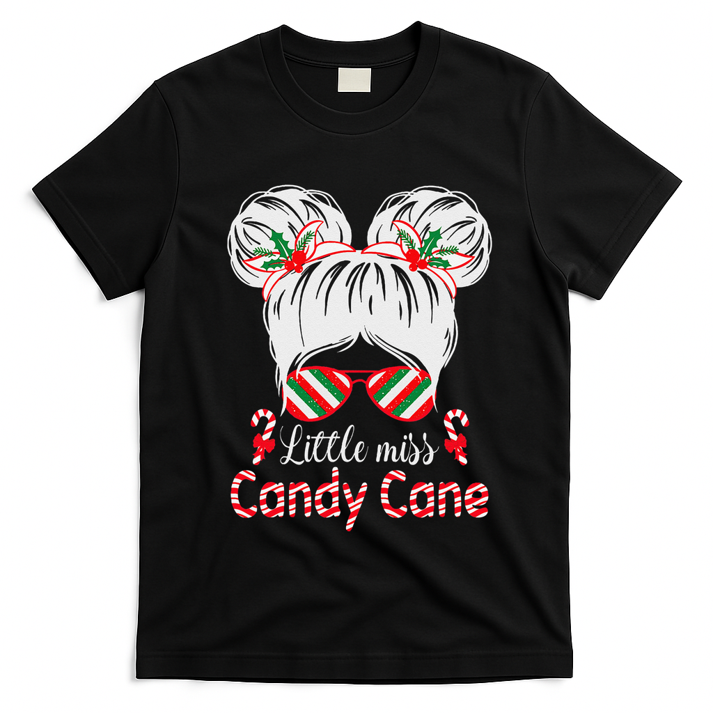 Little Miss Candy Cane Christmas Messy Bungirl T-Shirt - Black