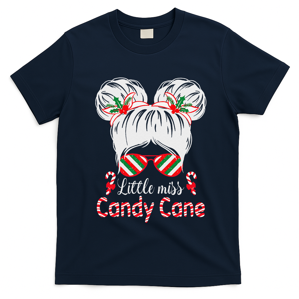 Little Miss Candy Cane Christmas Messy Bungirl T-Shirt - Navy Blue
