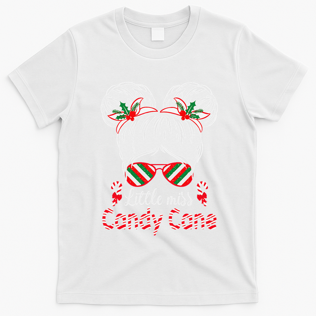 Little Miss Candy Cane Christmas Messy Bungirl T-Shirt - White