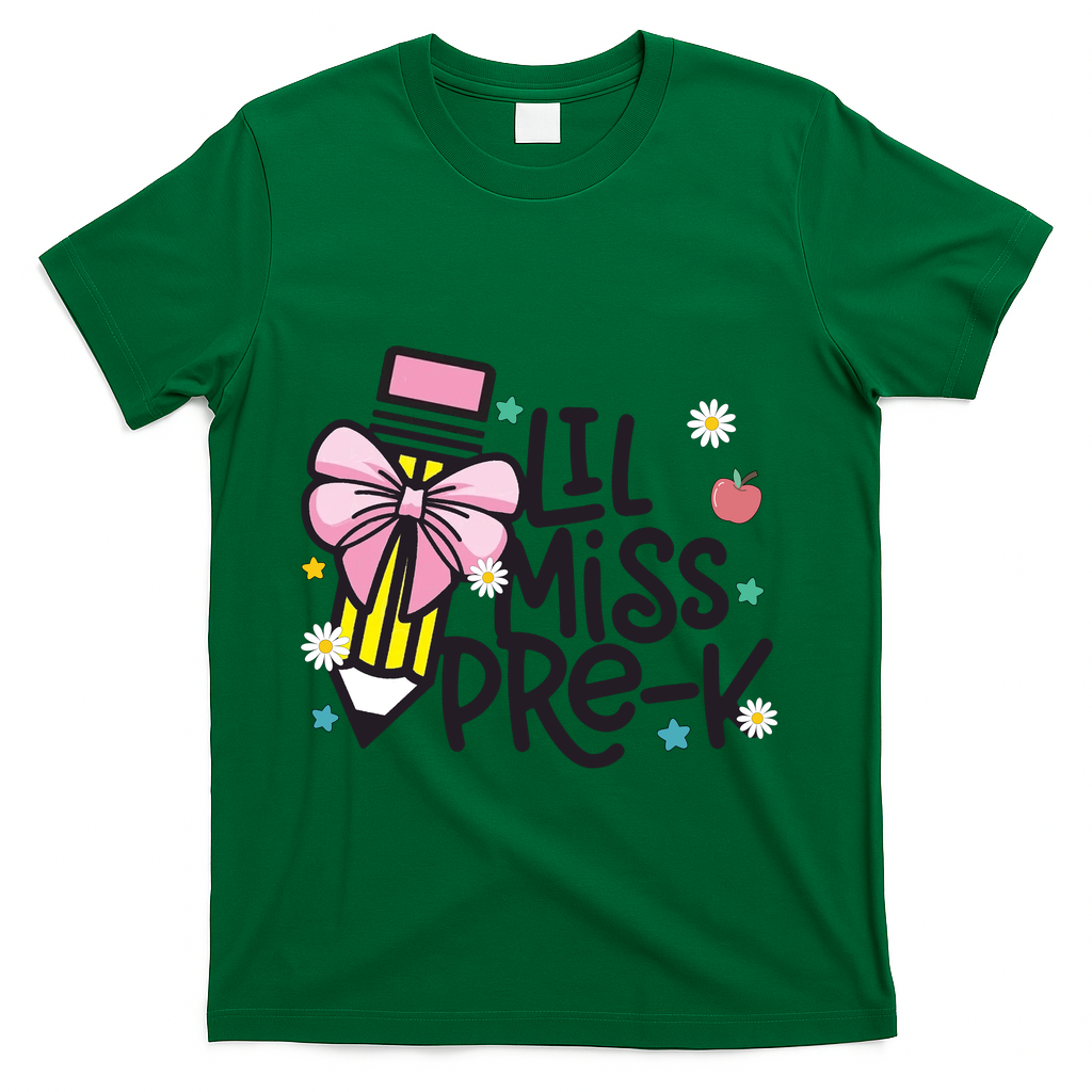 Little Miss Pre K Pencil Bow First Day Of School T-Shirt - Green
