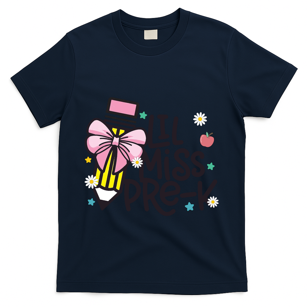 Little Miss Pre K Pencil Bow First Day Of School T-Shirt - Navy