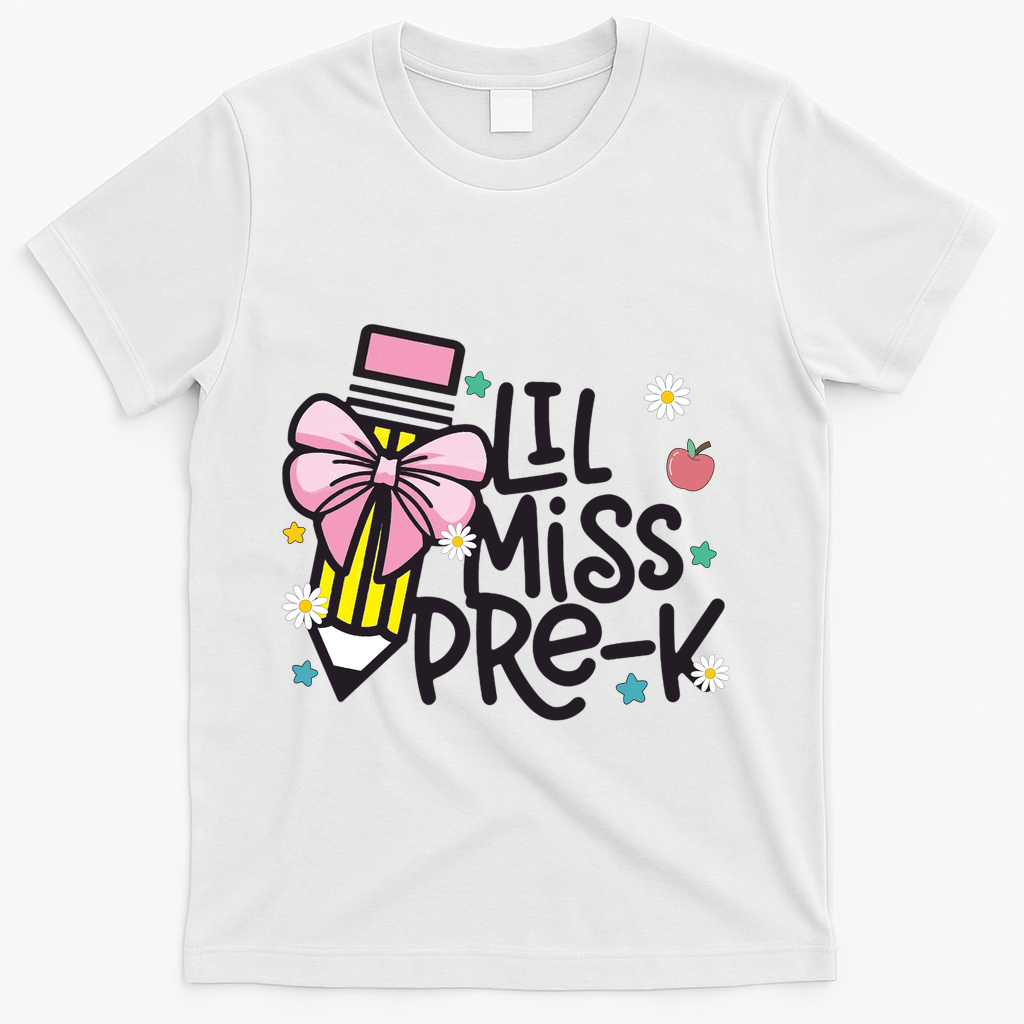 Little Miss Pre K Pencil Bow First Day Of School T-Shirt - White