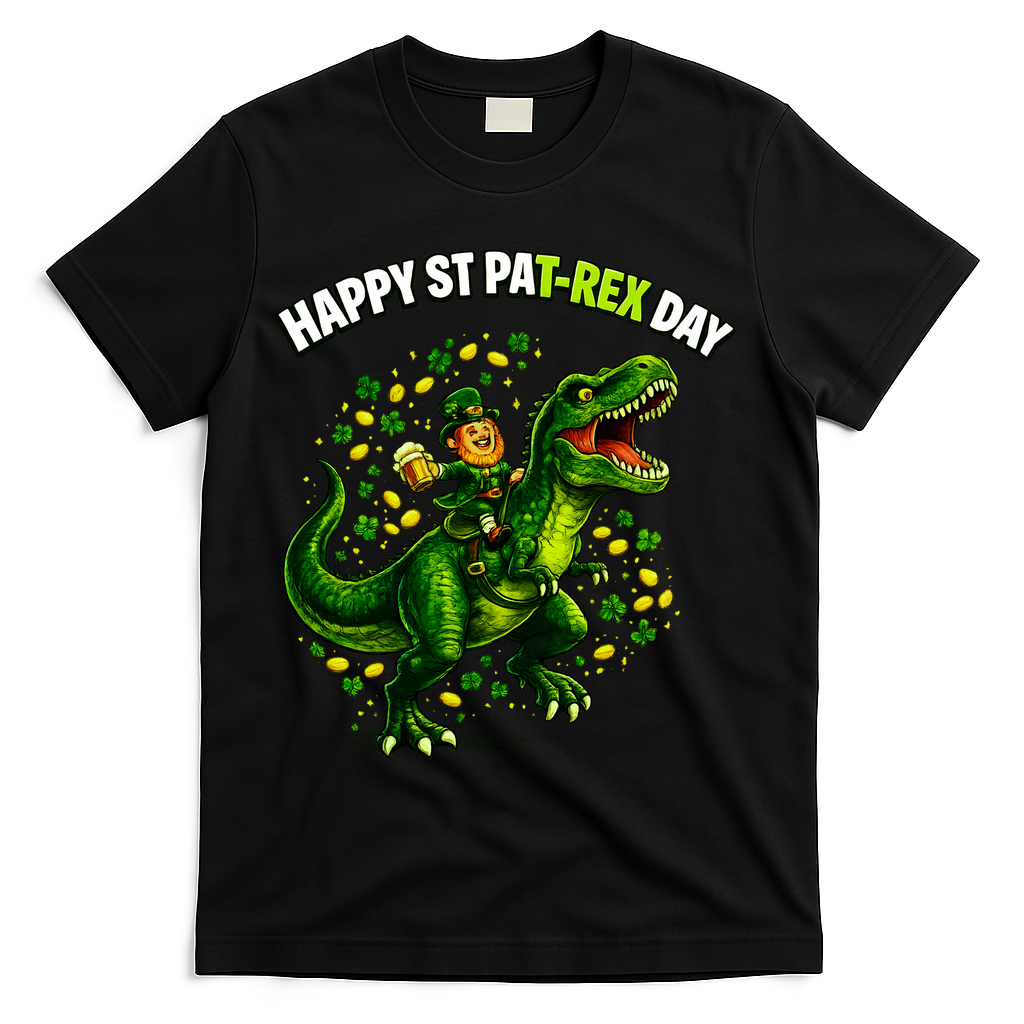 Leprechaun Riding Dino Happy Pat-rex Day T-rex T-Shirt - Black