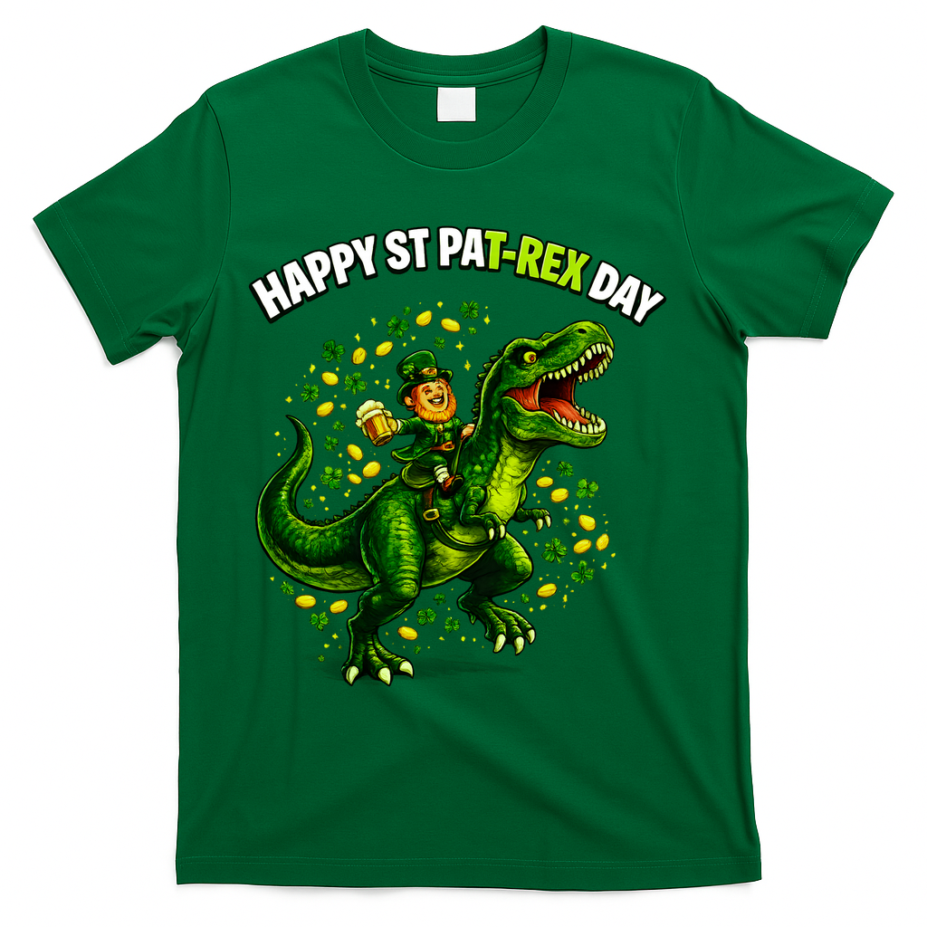 Leprechaun Riding Dino Happy Pat-rex Day T-rex T-Shirt - Green