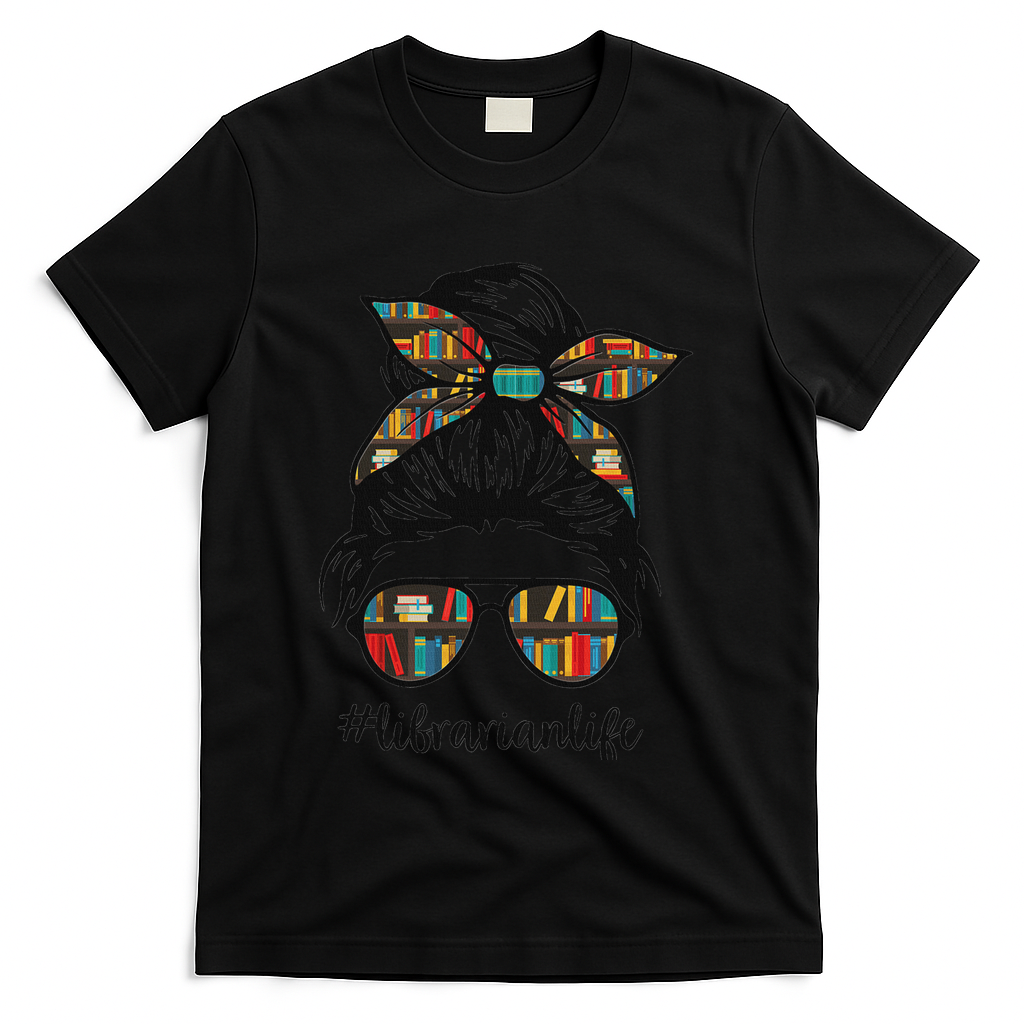 Librarian Teacher Messy Bun Life Book Library Back To School T-Shirt - Black