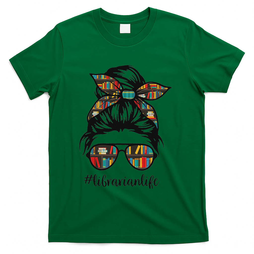Librarian Teacher Messy Bun Life Book Library Back To School T-Shirt - Green