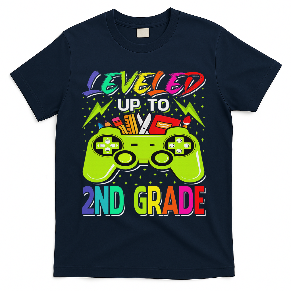 Leveled Up To 2nd Grade Gamer Back To School First Day T-Shirt - Navy