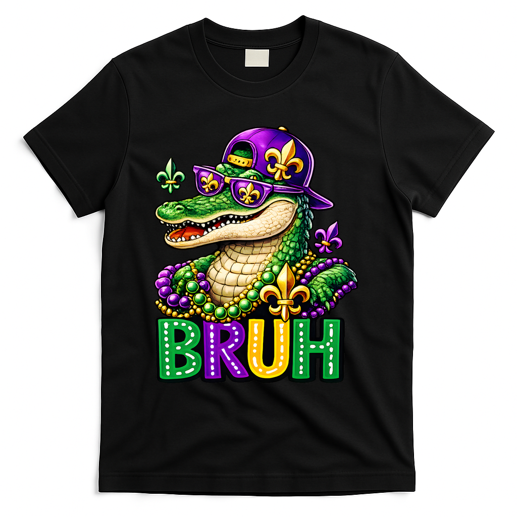 Mardigator Alligator Bruh Mardi Gras T-Shirt - Black