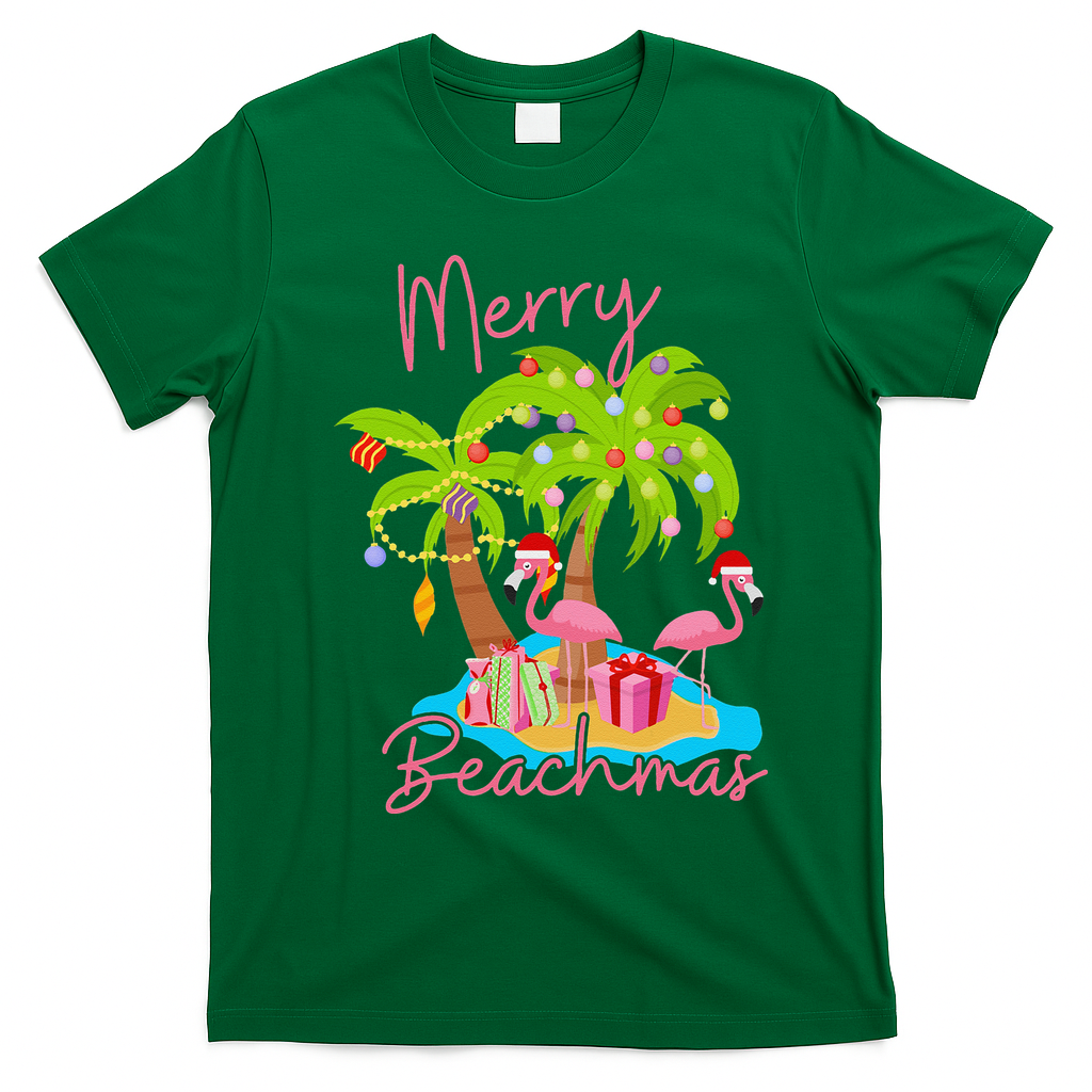 Merry Beachmas Christmas Palm Trees Xmas Lights Flamingos T-Shirt - Irish Green