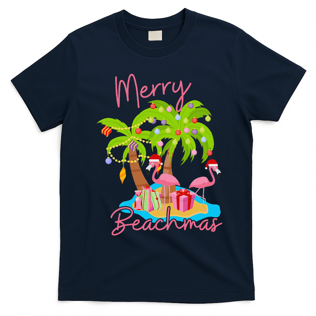 Merry Beachmas Christmas Palm Trees Xmas Lights Flamingos T-Shirt - Navy Blue