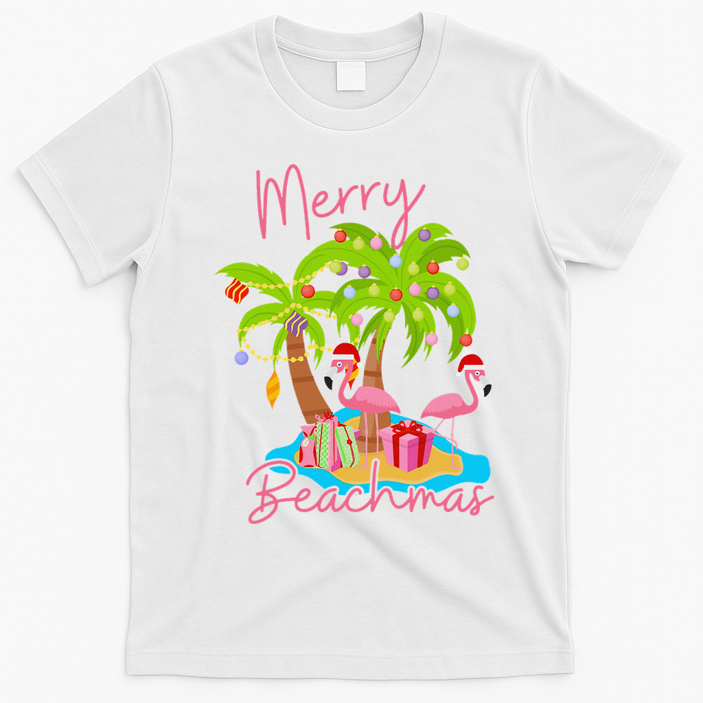 Merry Beachmas Christmas Palm Trees Xmas Lights Flamingos T-Shirt - White