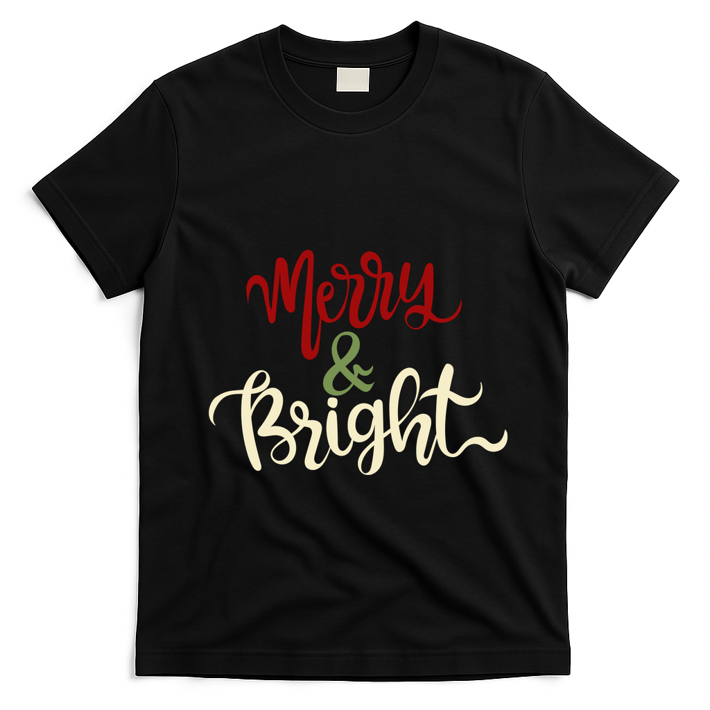 Merry & Bright Christmas Festive Holiday Spirit T-Shirt - Black