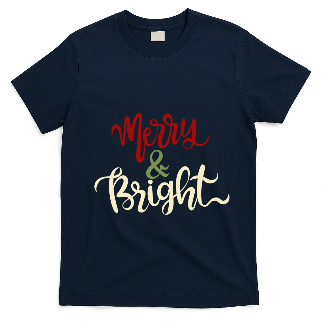 Merry & Bright Christmas Festive Holiday Spirit T-Shirt - Navy Blue