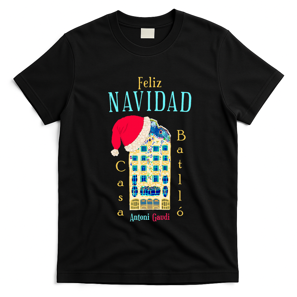 Merry Christmas Antoni Gaudi Drawing Barcelona Spain T-Shirt - Black