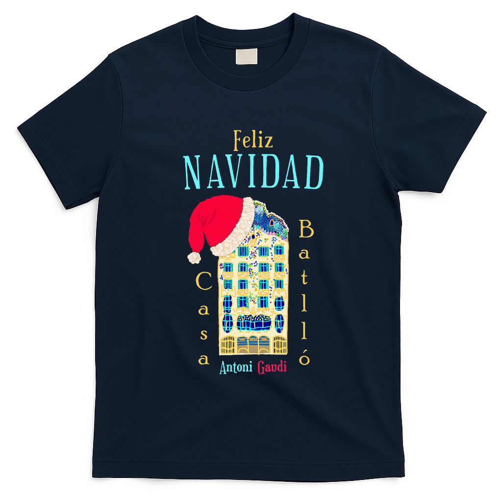 Merry Christmas Antoni Gaudi Drawing Barcelona Spain T-Shirt - Navy Blue