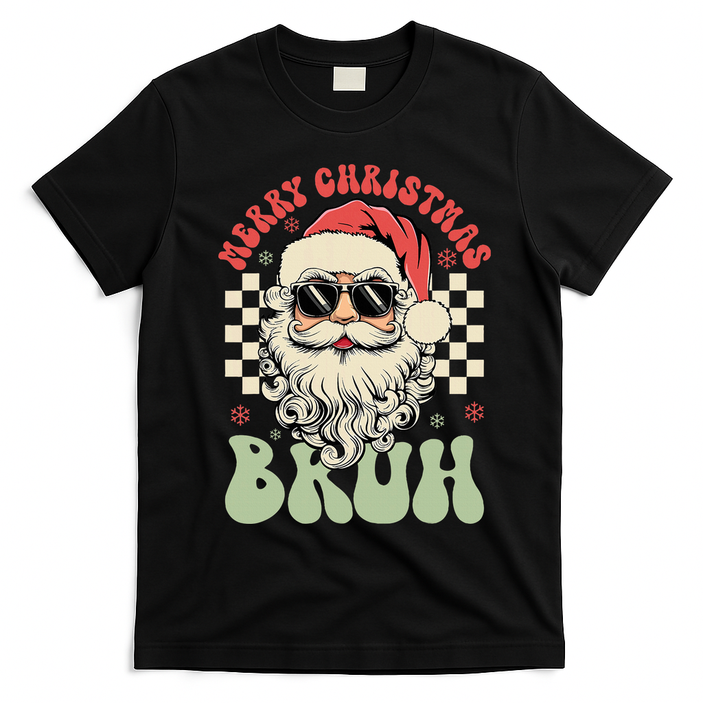 Merry Christmas Bruh Santa Sunglasses Retro T-Shirt - Black