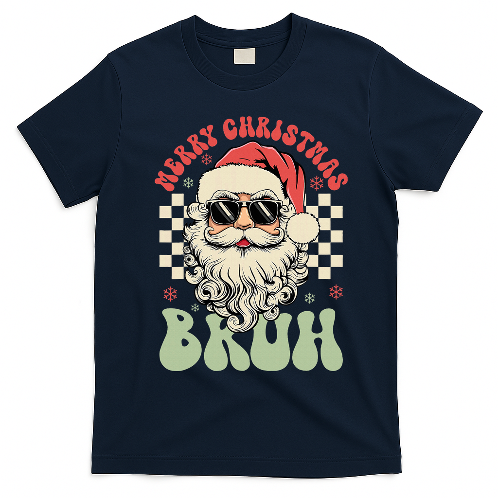 Merry Christmas Bruh Santa Sunglasses Retro T-Shirt - Navy Blue