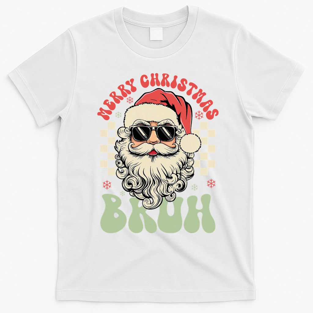 Merry Christmas Bruh Santa Sunglasses Retro T-Shirt - White