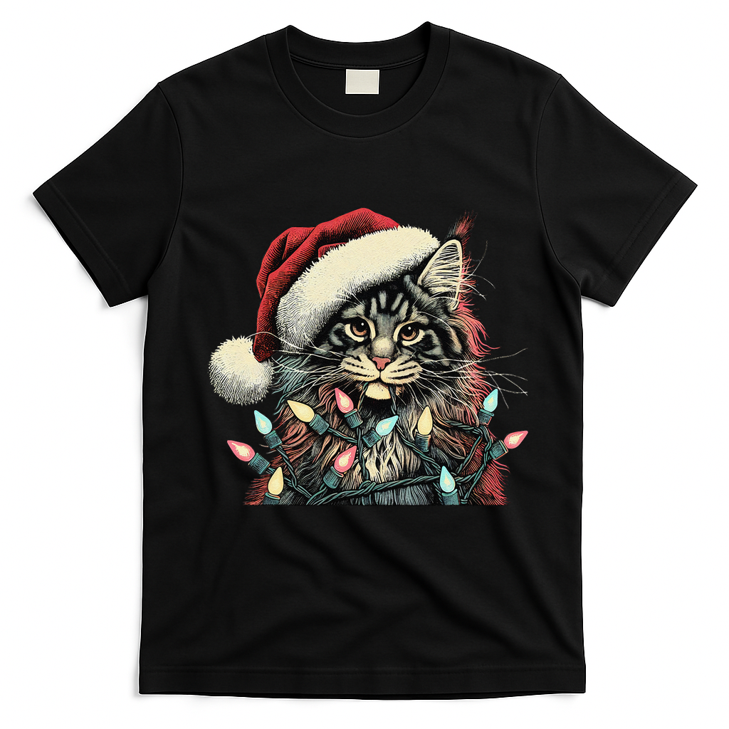Maine Coon Cat Chew Christmas Light Xmas Holiday Funny Cute T-Shirt - Black