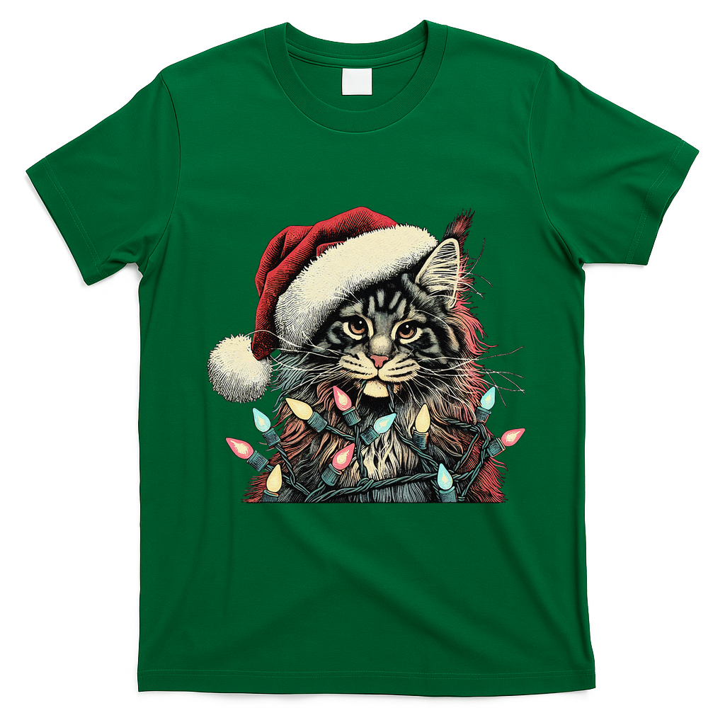 Maine Coon Cat Chew Christmas Light Xmas Holiday Funny Cute T-Shirt - Irish Green