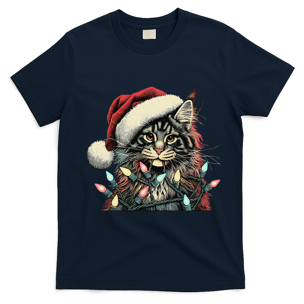 Maine Coon Cat Chew Christmas Light Xmas Holiday Funny Cute T-Shirt - Navy Blue