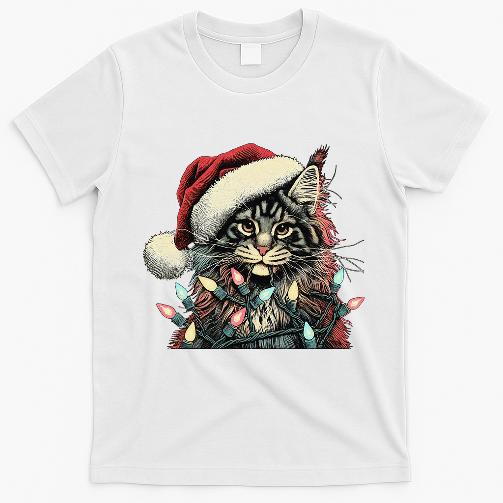 Maine Coon Cat Chew Christmas Light Xmas Holiday Funny Cute T-Shirt - White