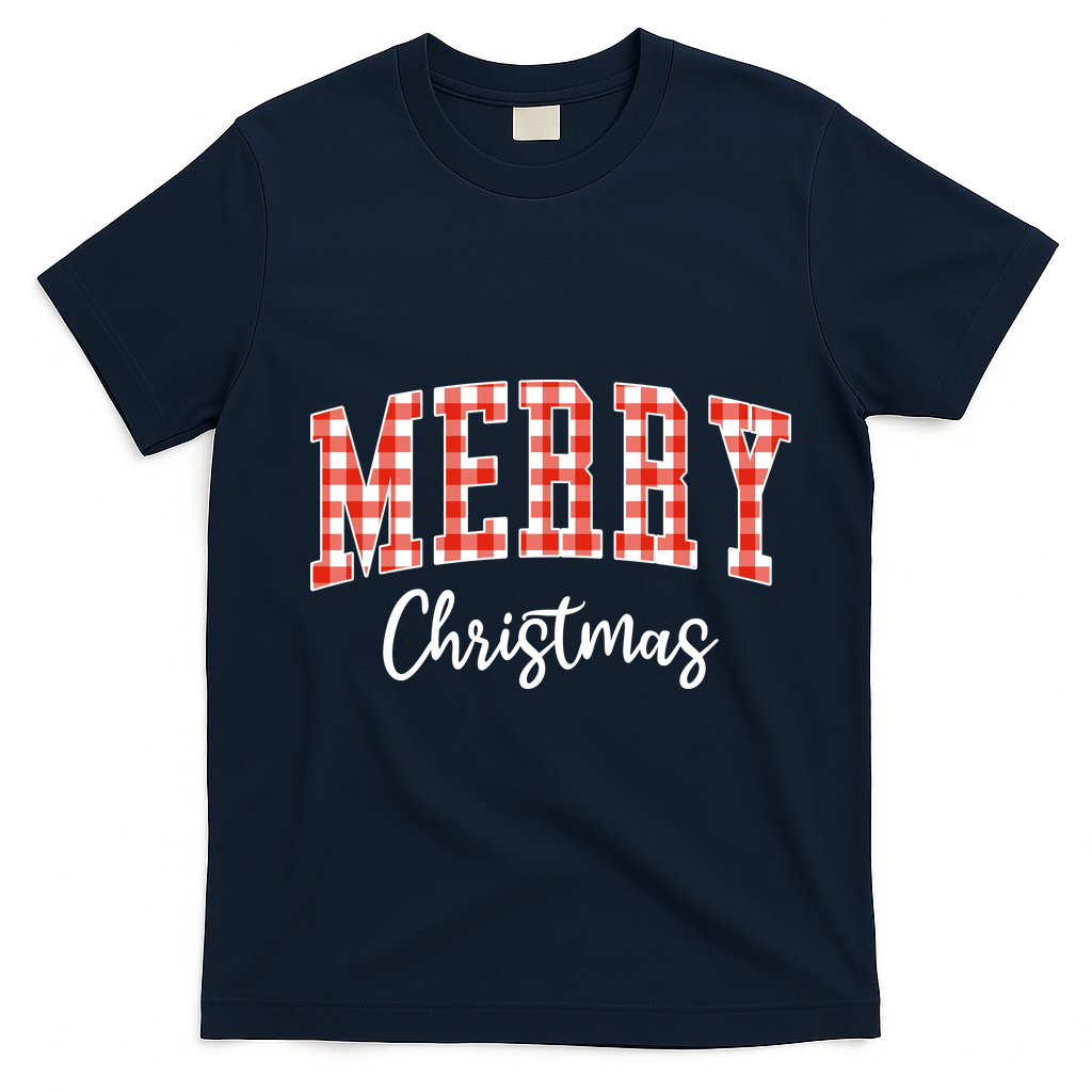 Merry Christmas Classic Checkered T-Shirt - Navy Blue