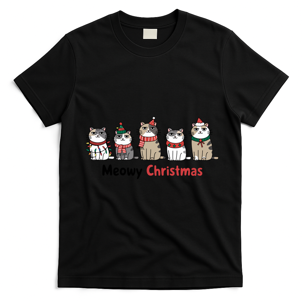 Meowy Christmas Cute Santa Funny Cat Lover Gift T-Shirt - Black