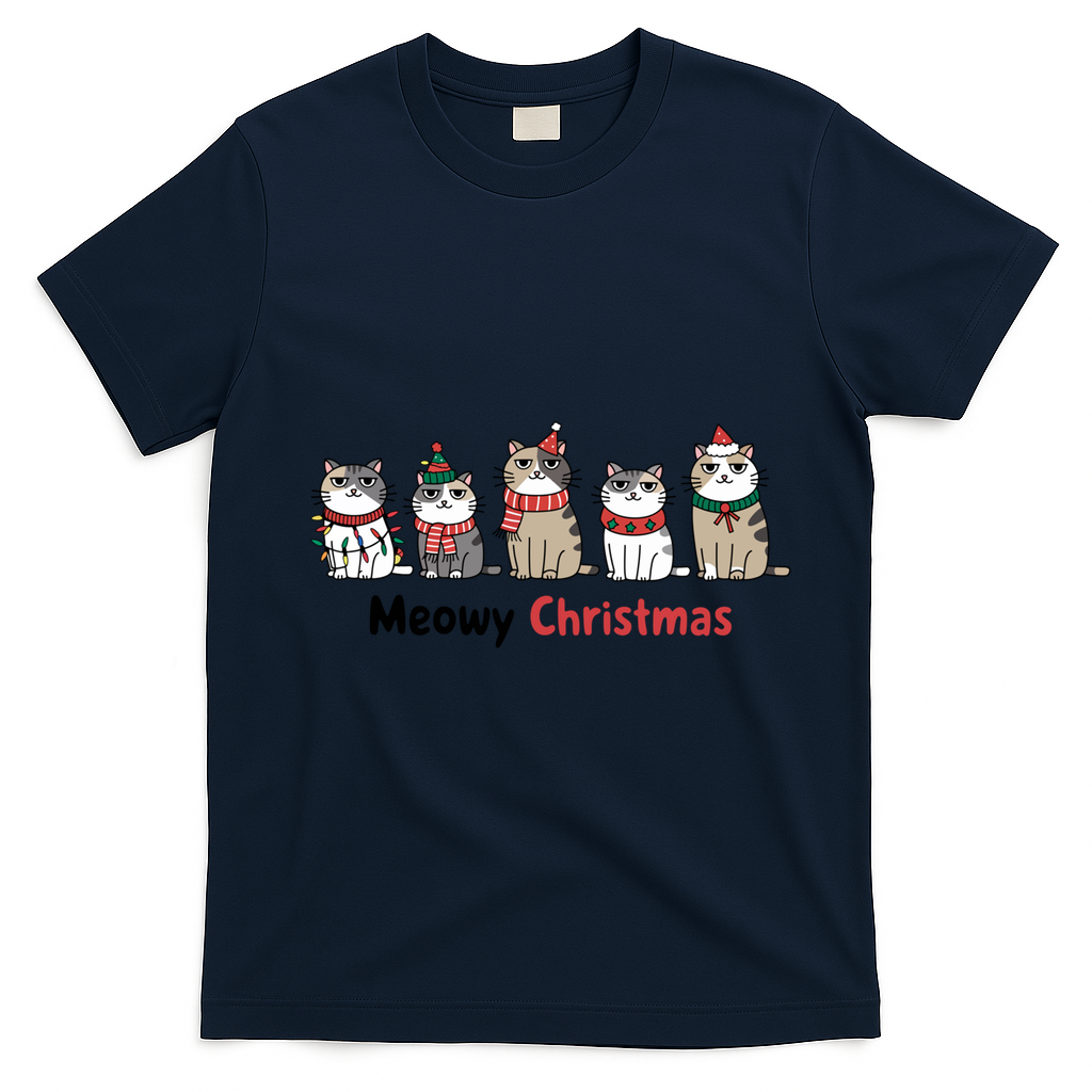 Meowy Christmas Cute Santa Funny Cat Lover Gift T-Shirt - Navy Blue