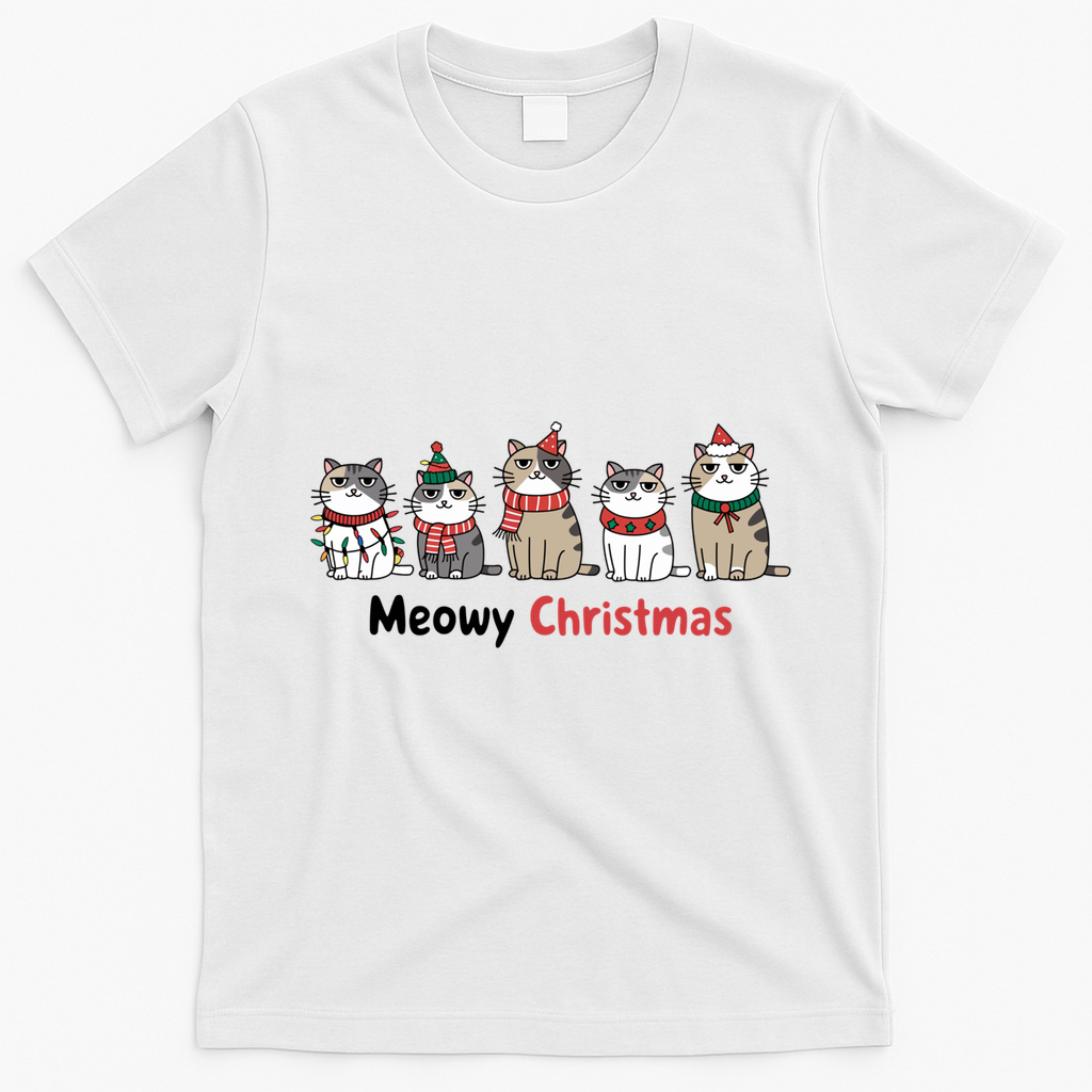 Meowy Christmas Cute Santa Funny Cat Lover Gift T-Shirt - White