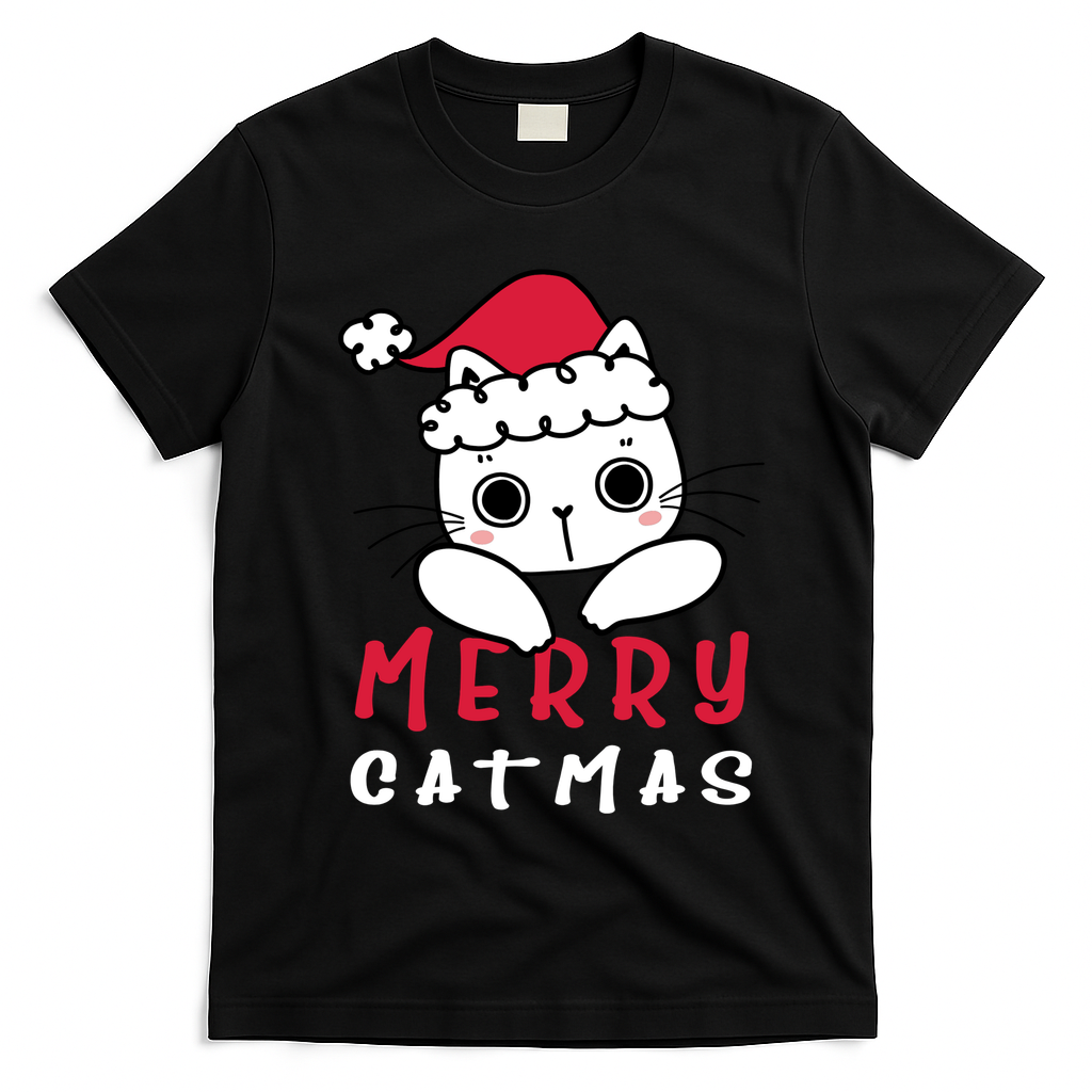Merry Catrmas Cute Christmas Santa Kitty Xmas T-Shirt - Black