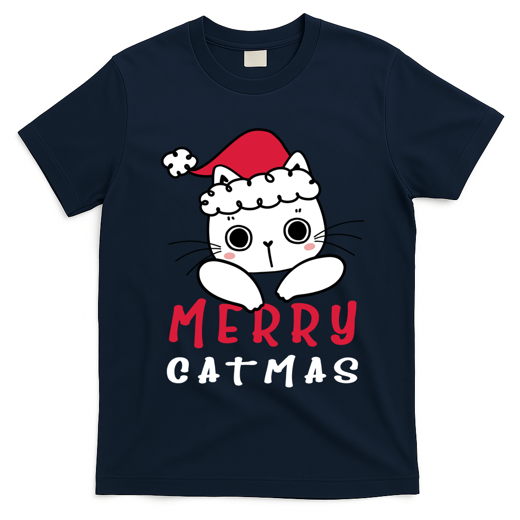 Merry Catrmas Cute Christmas Santa Kitty Xmas T-Shirt - Navy Blue