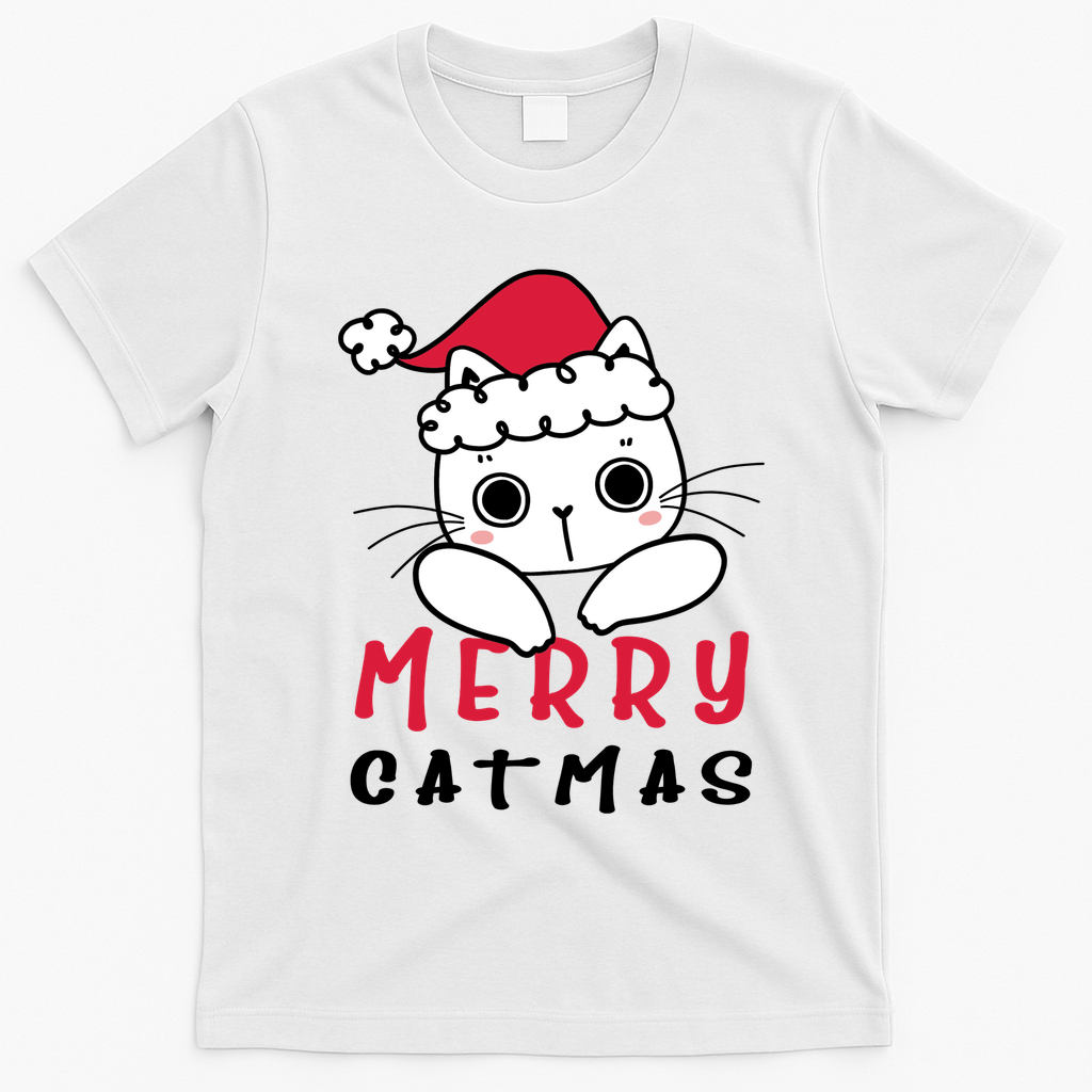 Merry Catrmas Cute Christmas Santa Kitty Xmas T-Shirt - White