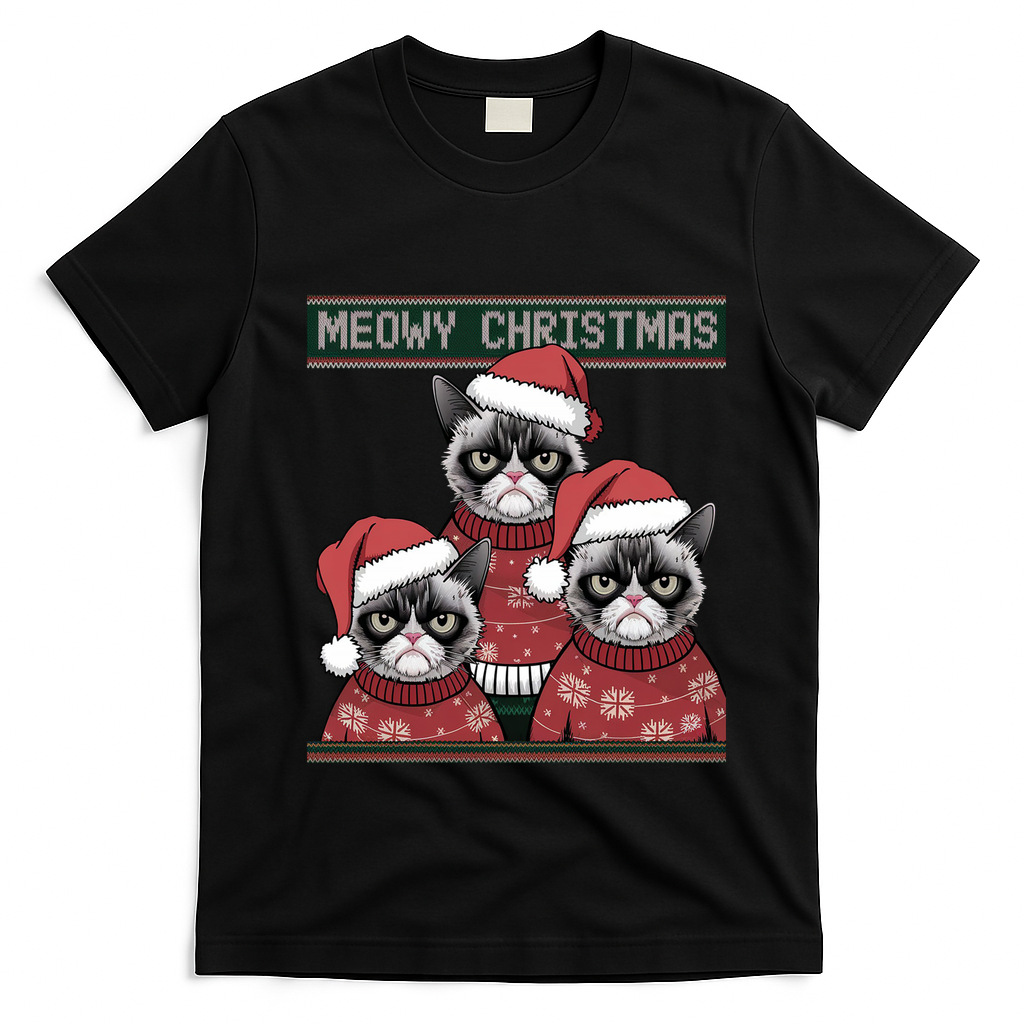 Meowy Christmas Grumpy Annoyed Cat Ugly Design Gift T-Shirt - Black