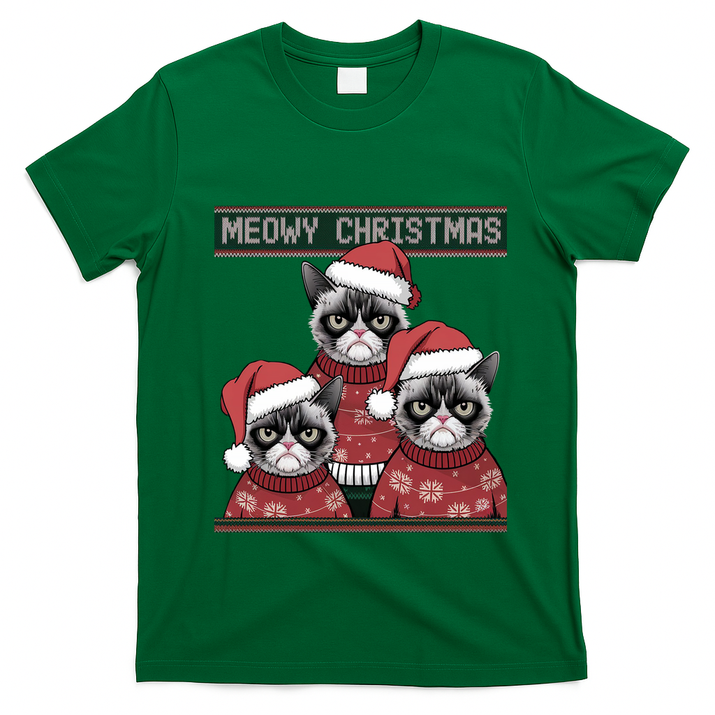 Meowy Christmas Grumpy Annoyed Cat Ugly Design Gift T-Shirt - Irish Green