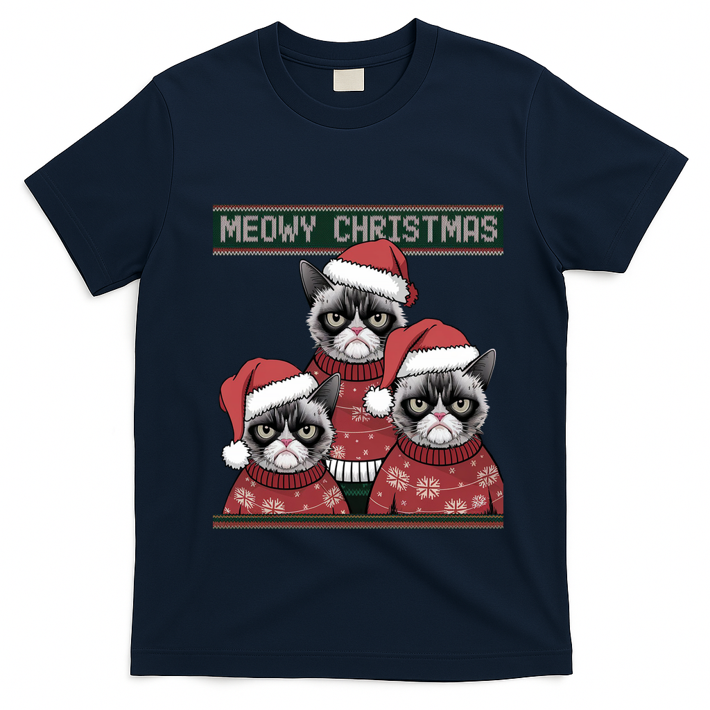 Meowy Christmas Grumpy Annoyed Cat Ugly Design Gift T-Shirt - Navy Blue