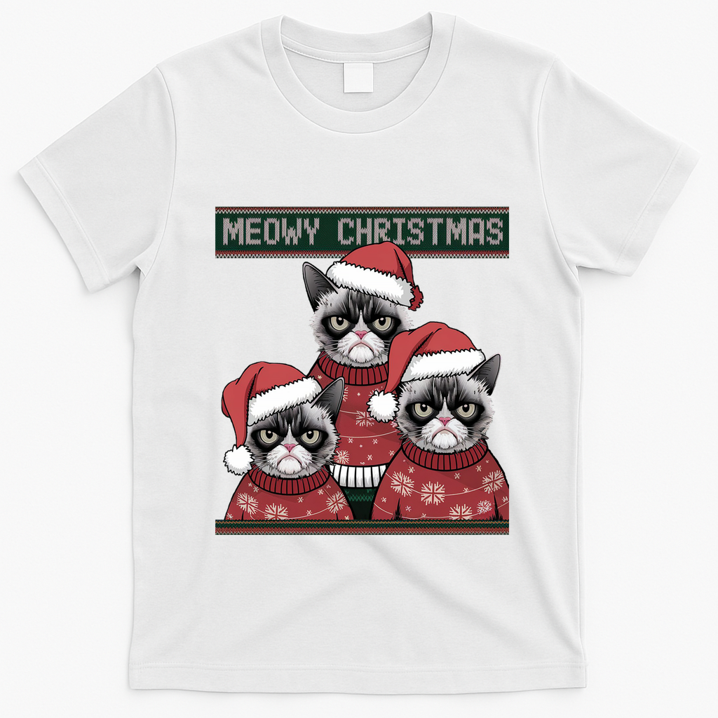 Meowy Christmas Grumpy Annoyed Cat Ugly Design Gift T-Shirt - White