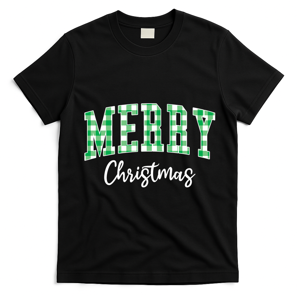 Merry Christmas Green Classic Checkered T-Shirt - Black