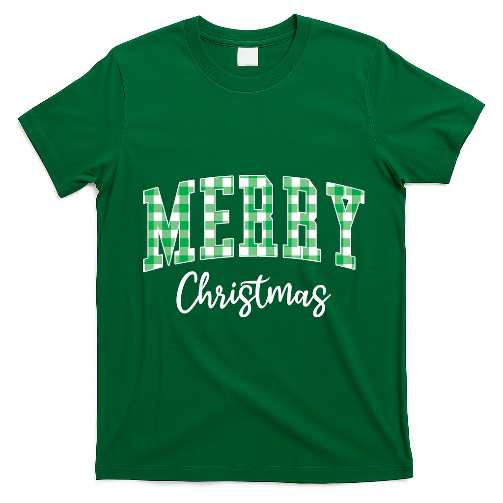 Merry Christmas Green Classic Checkered T-Shirt - Irish Green