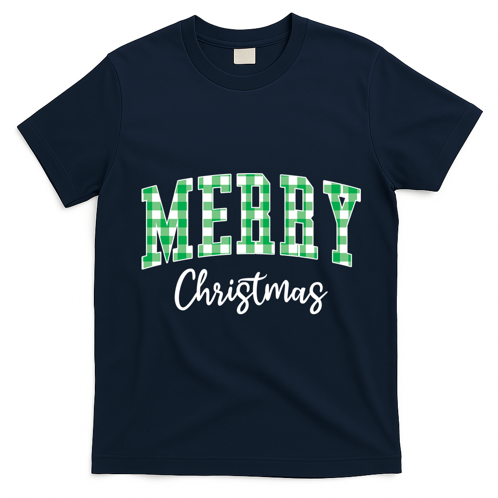 Merry Christmas Green Classic Checkered T-Shirt - Navy Blue