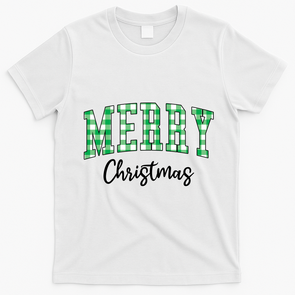 Merry Christmas Green Classic Checkered T-Shirt - White