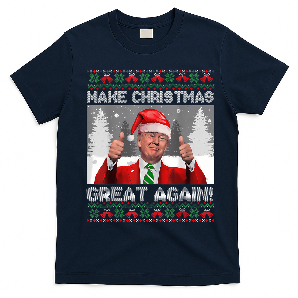 Make Christmas Great Again Funny Trump Pajamas Ugly Sweater T-Shirt - Navy Blue