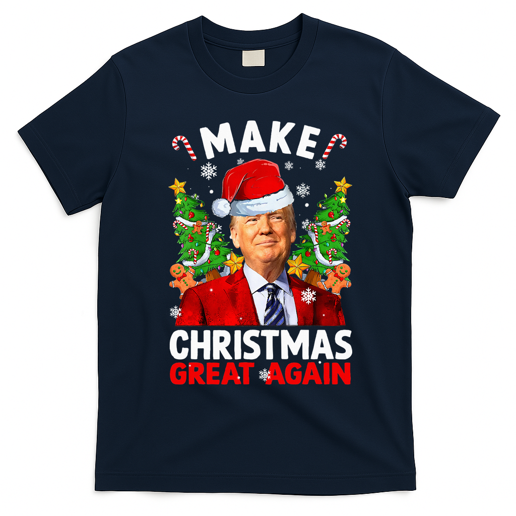 Make Christmas Great Again Funny Donald Trump Santa Xmas T-Shirt - Navy Blue