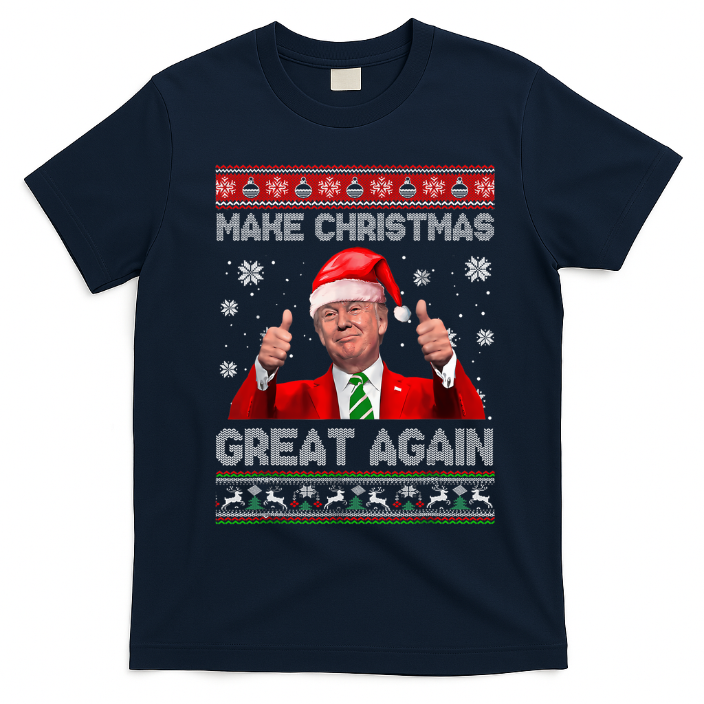 Make Christmas Great Again Ugly Xmas Funny Trump T-Shirt - Navy Blue