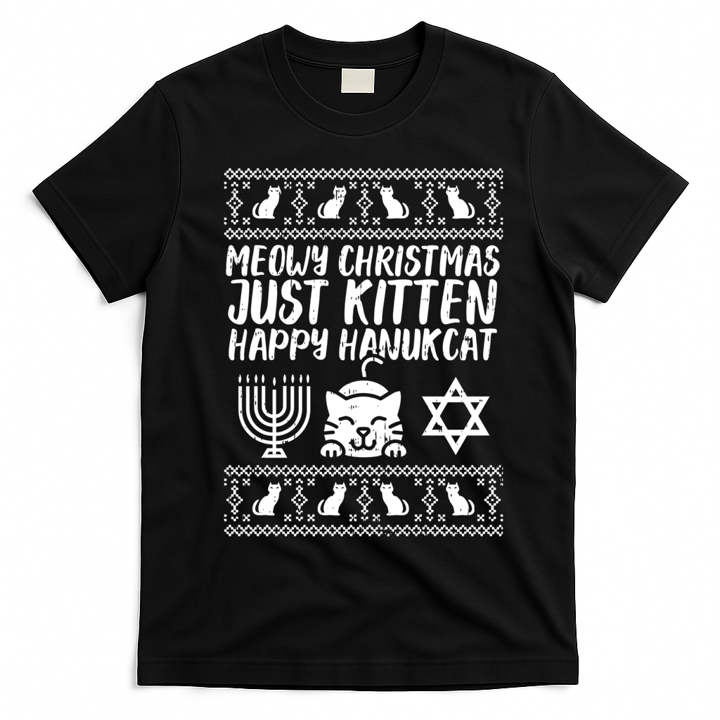 Meowy Catmas Happy Hanukcat Cute Christmas Hanukkah Cat Gift Cute Gift T-Shirt - Black