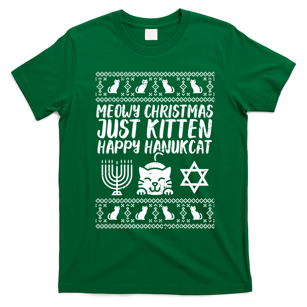 Meowy Catmas Happy Hanukcat Cute Christmas Hanukkah Cat Gift Cute Gift T-Shirt - Irish Green