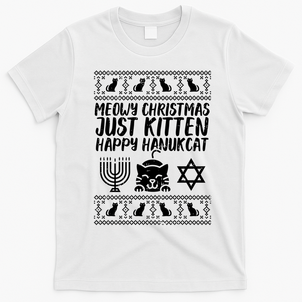 Meowy Catmas Happy Hanukcat Cute Christmas Hanukkah Cat Gift Cute Gift T-Shirt - White