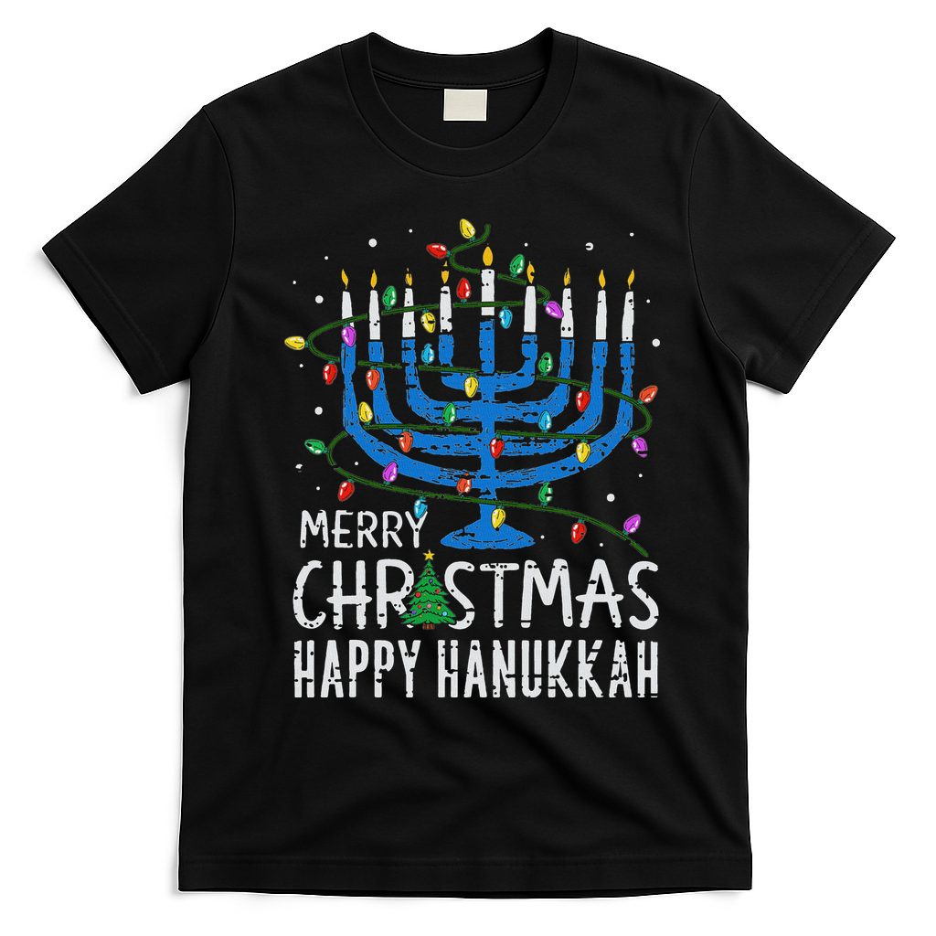 Merry Chrismukkah Happy Christmas Hanukkah Chanukah Jewish T-Shirt - Black