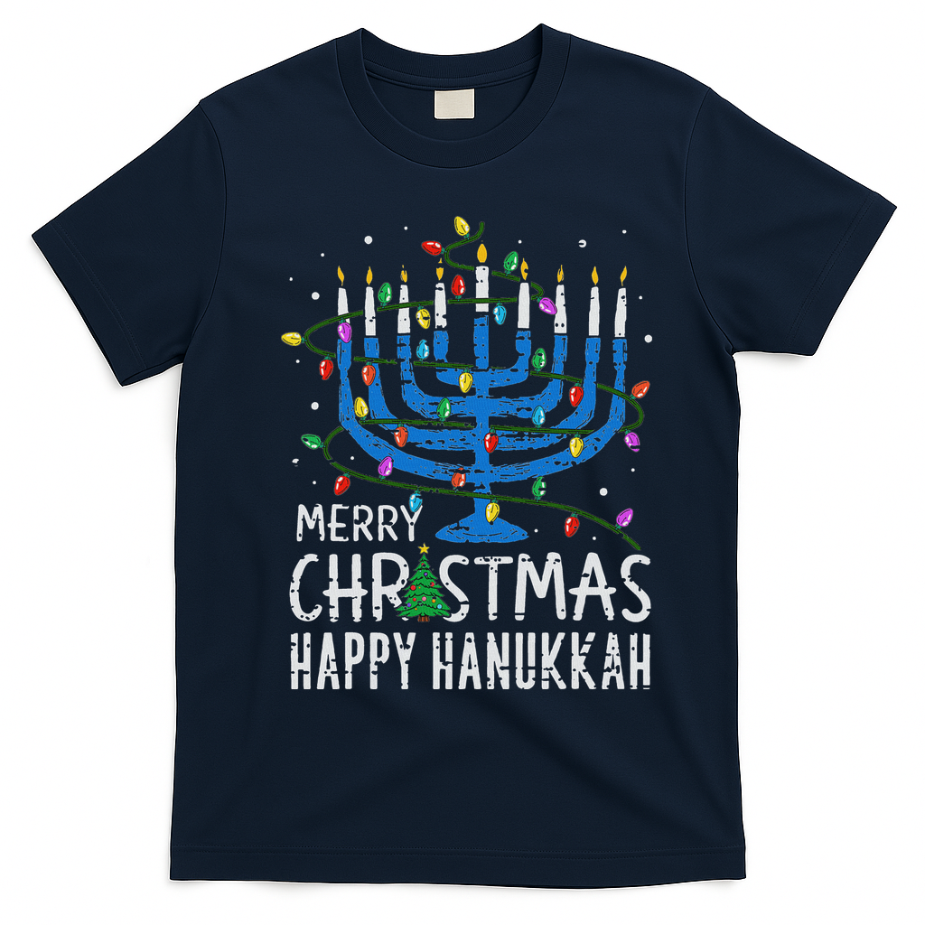 Merry Chrismukkah Happy Christmas Hanukkah Chanukah Jewish T-Shirt - Navy Blue